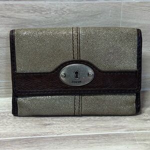 FOSSIL / Ladies Brown Leather and Tan Metallic Tri Fold Wallet
